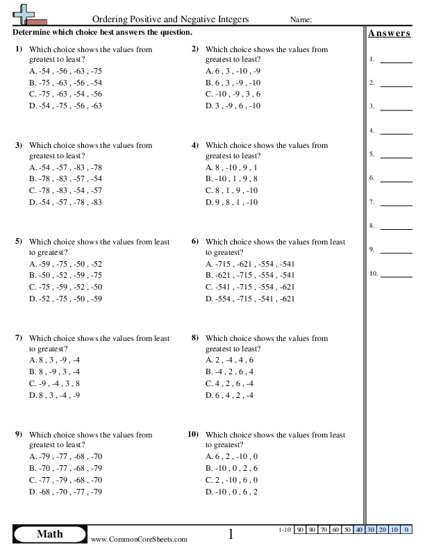 Ordering Positive and Negative Integers (Multiple choice) worksheet